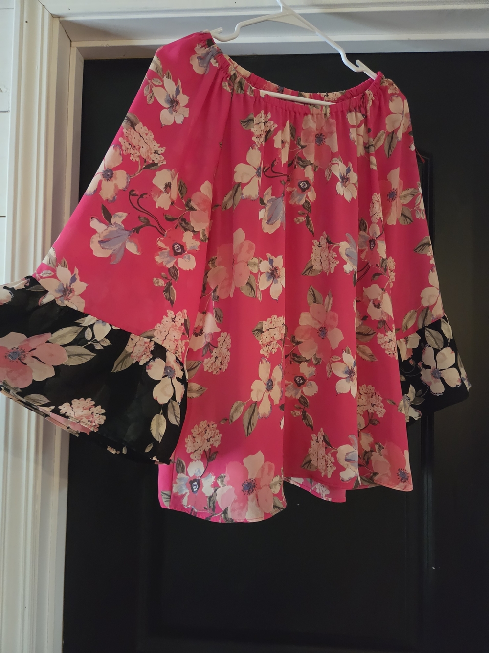 Pink Floral Off-Shoulder Bell Sleeve Tunic